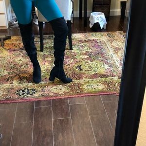 Black suede feels ,over the knee boots with heel INC. Man made textile material